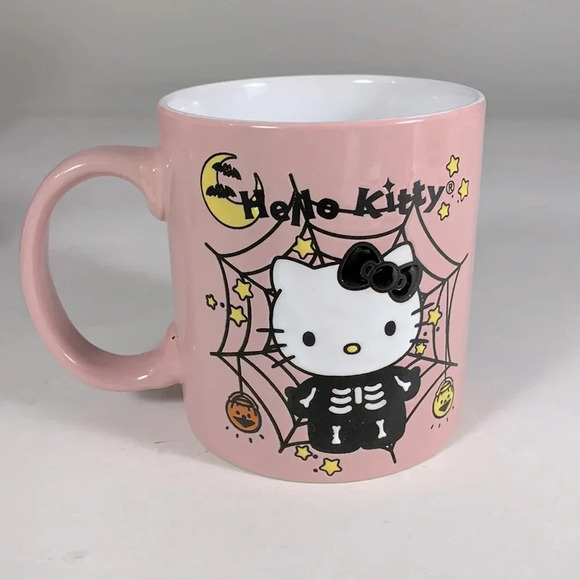 HELLO KITTY pink Halloween mug spiderweb skeleton costume matte finish moon bat - Picture 1 of 4